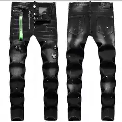 2026 Spring European and American Men's Jeans with Unique Ripped and Scratched Design, Trendy Fashion Pants with Black Paint Splatter, Stretchy Pants