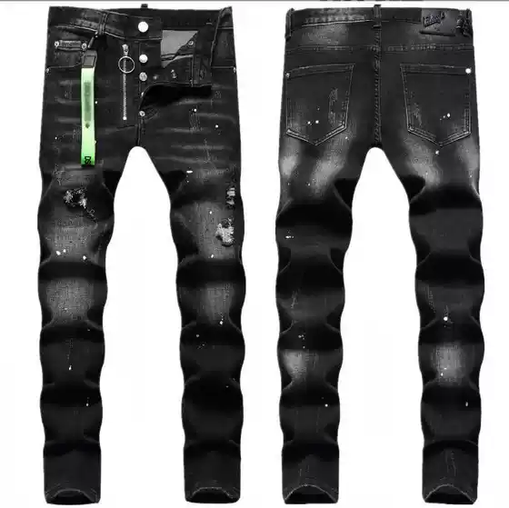 2026 Spring European and American Men's Jeans with Unique Ripped and Scratched Design, Trendy Fashion Pants with Black Paint Splatter, Stretchy Pants
