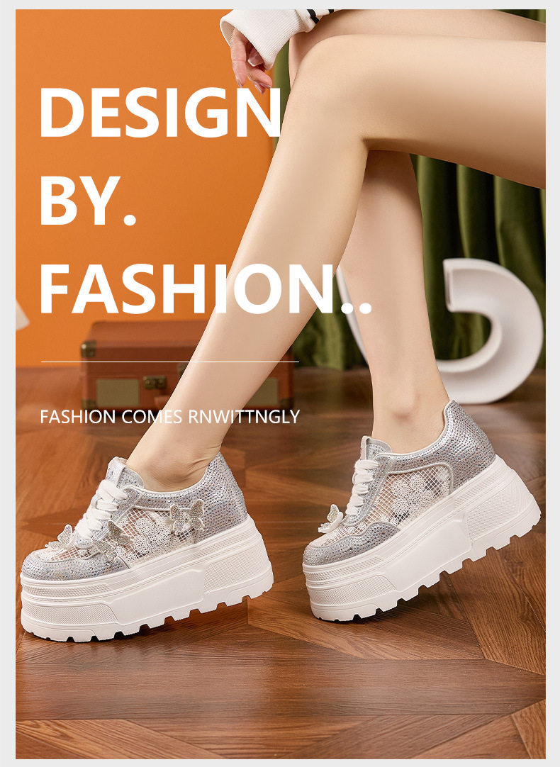 Giày sneaker nữ chunky đế dày trắng phối dây buộc, form thể thao — Trắng, Bạc chi tiết 10