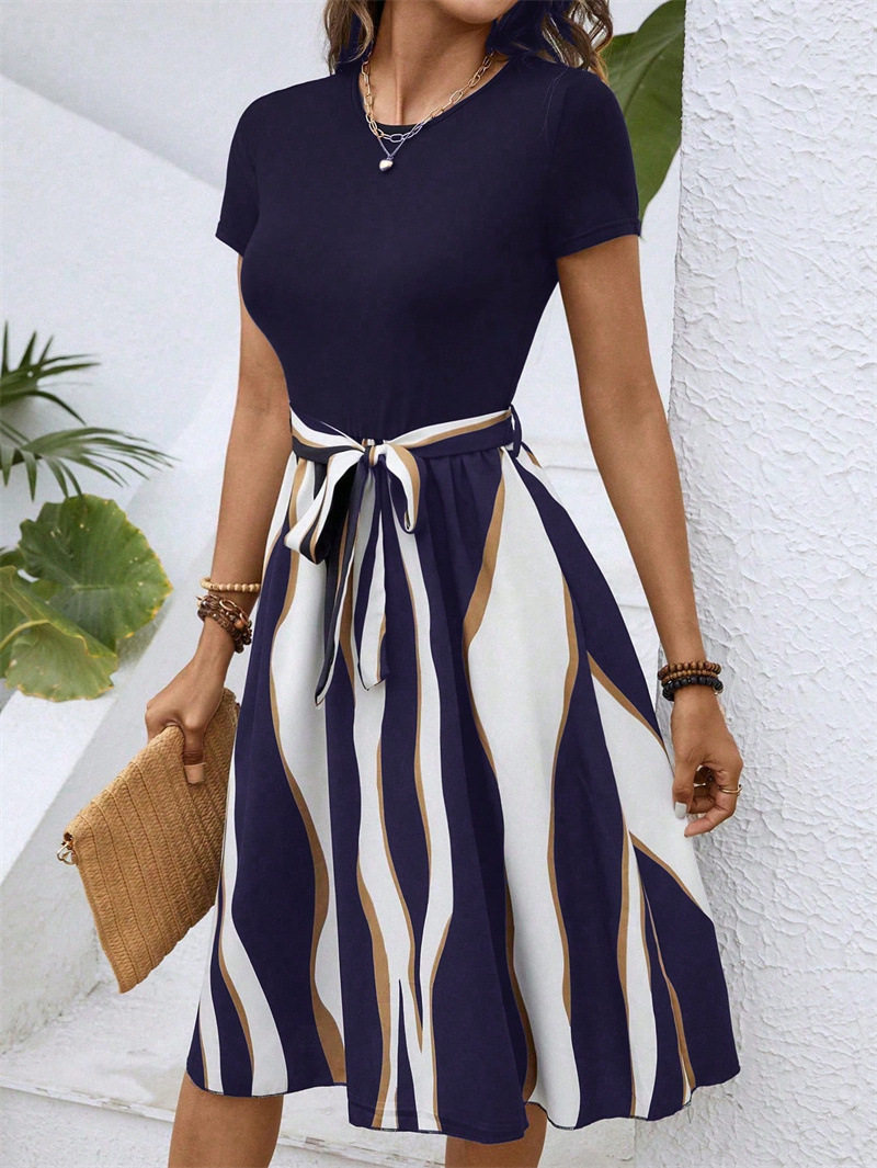Women's Printed Colorblock Elegant Casual Office Belted