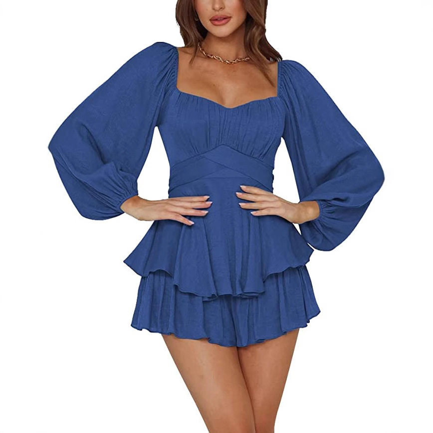 Womens Ruffled Jumpsuit Lantern Long Sleeves Square Neck Waist Cinching Chic Style Summer Casual Wear Wholesale