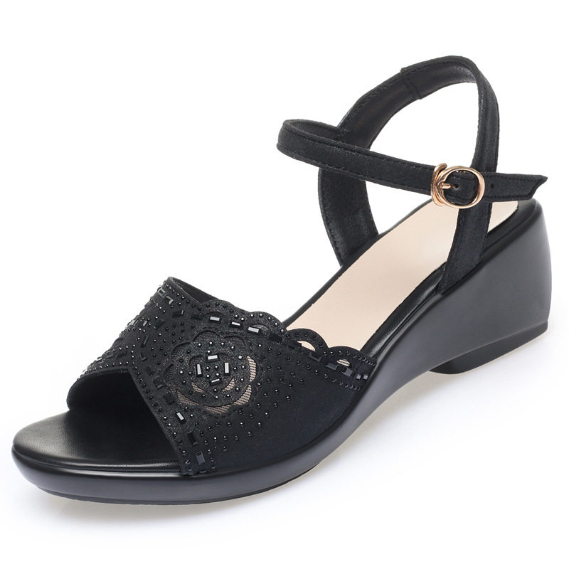 Dép Sandal Nữ Quai Hậu Đính Đá Đế Xuồng Đế Cao 5cm - 6cm Màu Vàng, Đen