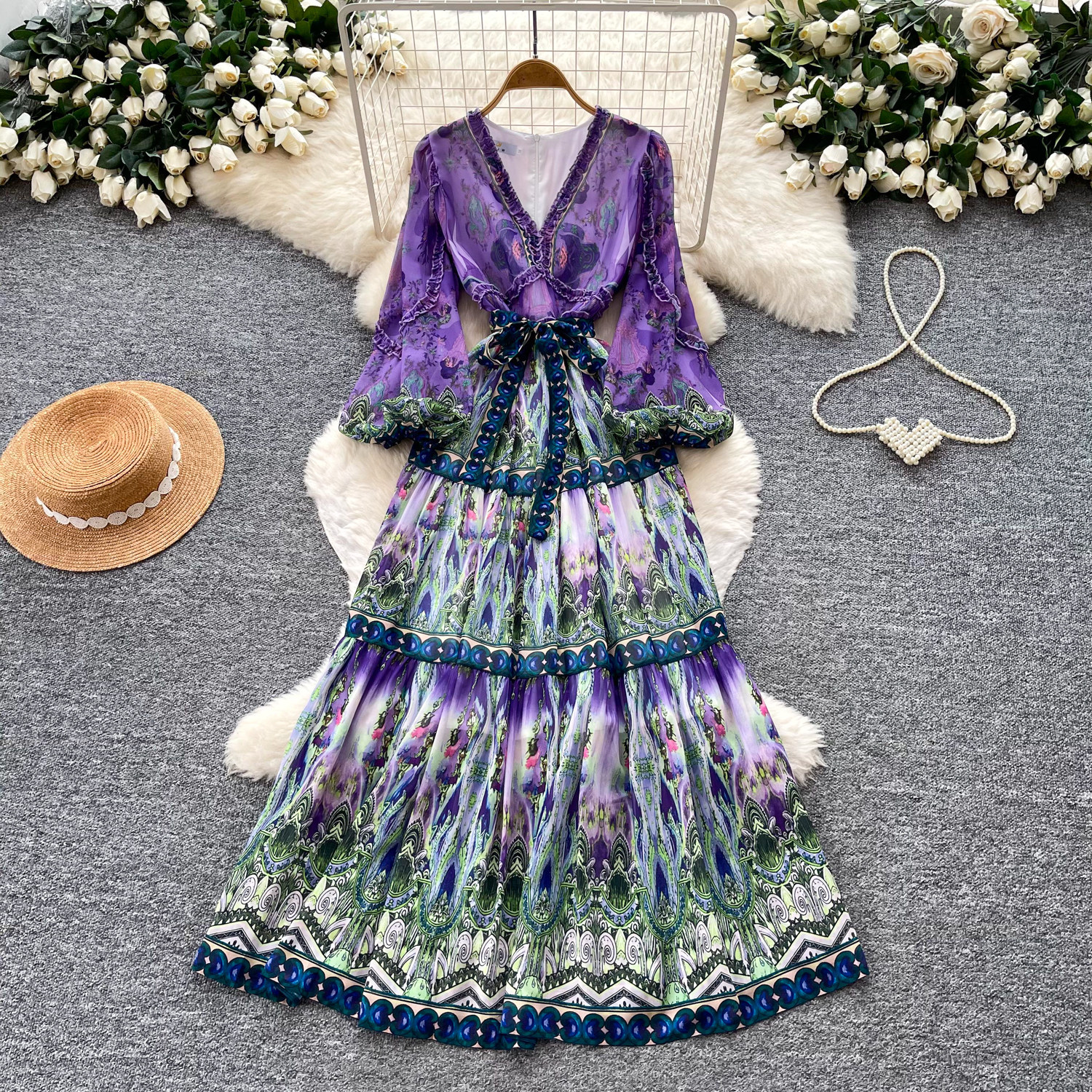 Bohemian Floral Maxi Dress for Women V Neck Long Sleeve Waist Tie A Line Silhouette Elegant Vacation Style