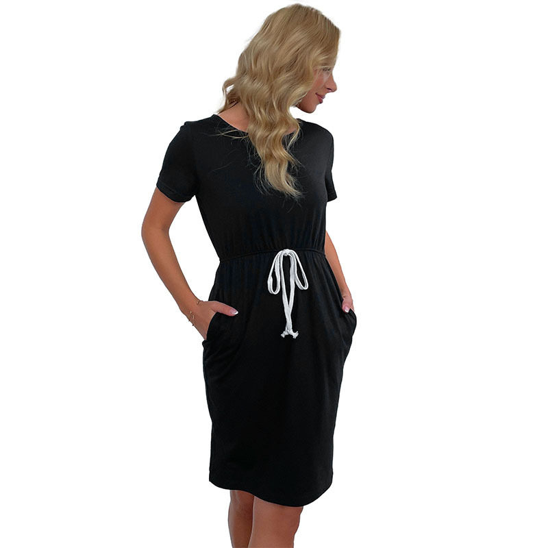 Womens Casual Solid Color Bodycon Dress Round Neck Drawstring Slim Fit Perfect for Everyday Wear Wholesale