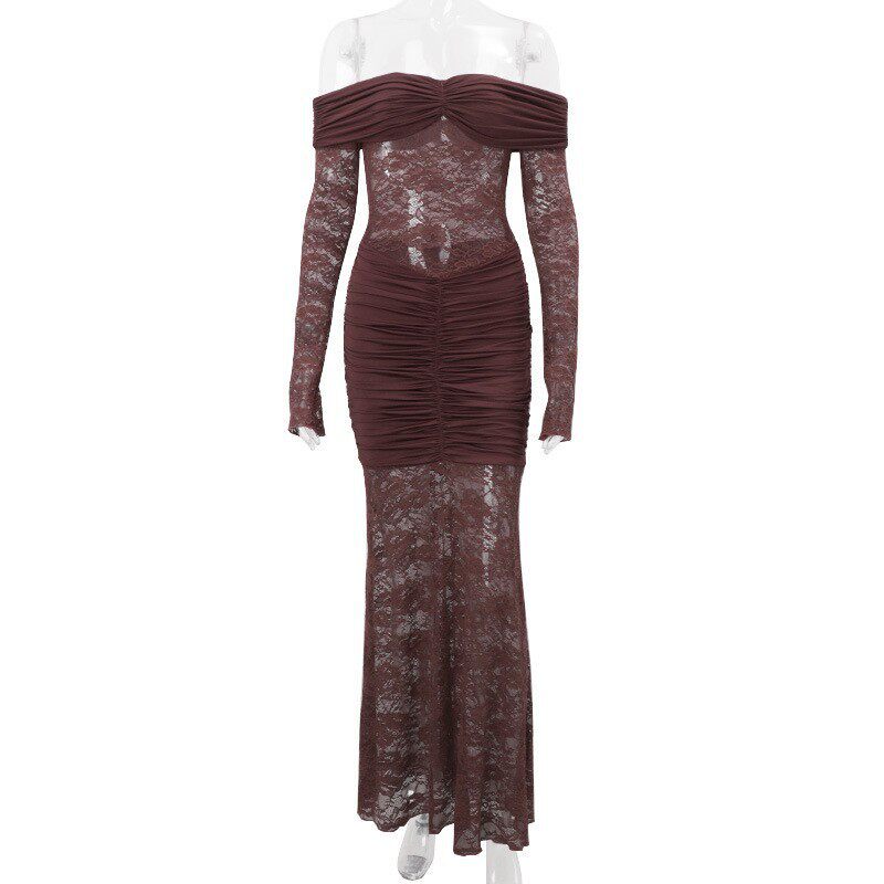 Off Shoulder Lace Trimmed Bodycon Dress Long Sleeve Ruffled Design Elegant Style Perfect for Autumn Events