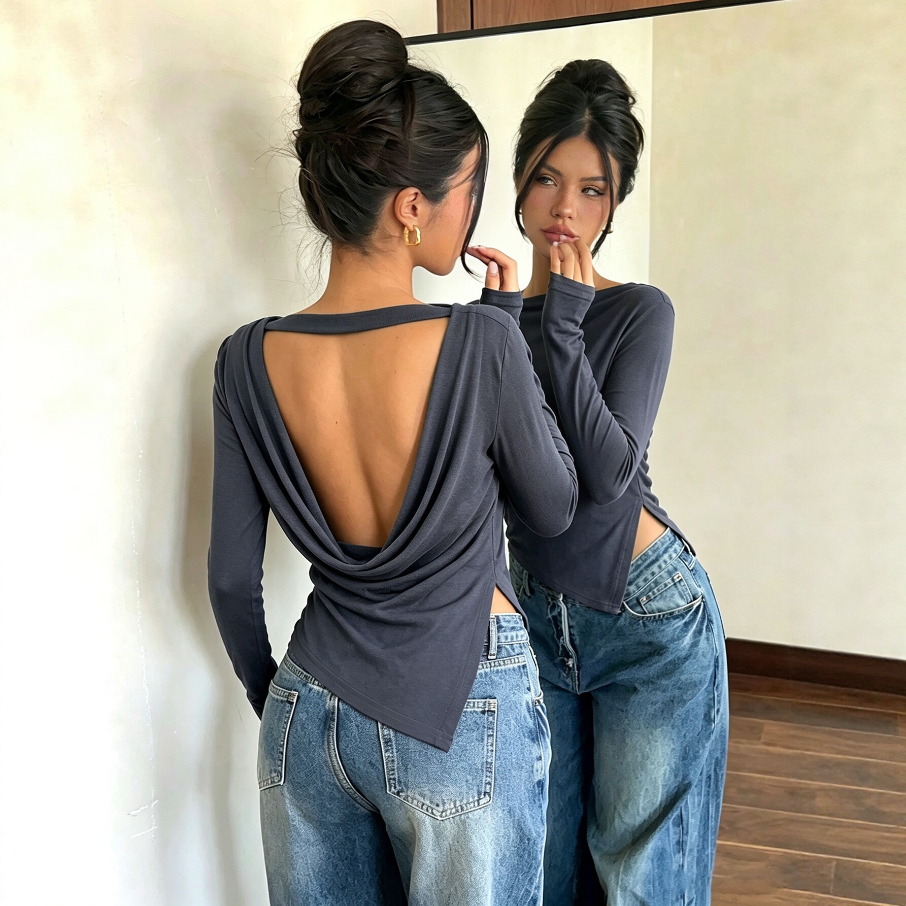 Off Shoulder Long Sleeve Top Slim Fit Backless Design Asymmetrical Hem Side Slit Casual Wear for Women OEM