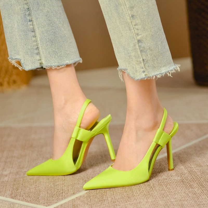 2024 spring new satin blue pointed stiletto heel women's shoes open heel back strap elegant women's sandals Amazon