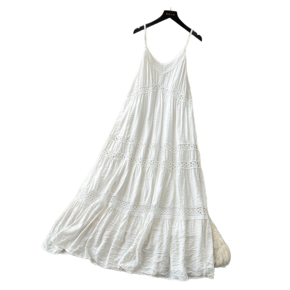 White Lace Embroidered Maxi Dress French Vacation Style Slim Fit Backless Summer Fashion Wholesale Available