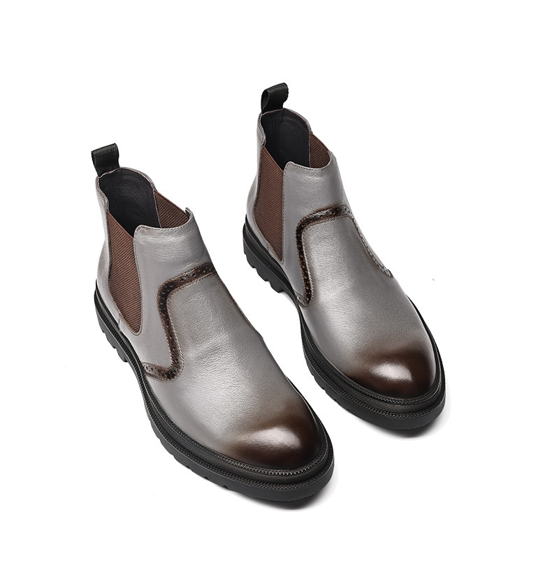 Boot Chelsea nam cổ trung da bò mềm lót nhung giữ ấm mũi tròn — Màu đen, Màu đen lót nhung, Màu xám nhạt