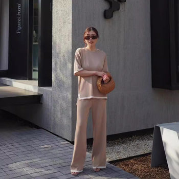 New Fashion Suit Elegant Color Contrast Split Short-sleeved Knitted Sweater High Waist Slimming Wide Leg Pants Two-piece Set