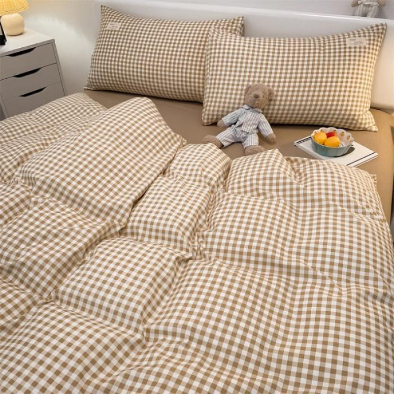 Nude Sleeping Pure Washed Cotton Four-Piece Set, Skin-Friendly Ins Bed Bed Sheets and Quilt Cover, Small New Dormitory Bed Bed Sheets Three-Piece Set