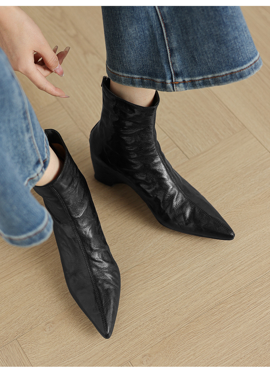 Boot nữ cổ thấp mũi nhọn da cừu thật gót vừa khóa kéo sau — Lớp lót đơn màu đen, Lớp lót đơn màu nâu, Lót nhung đen, Lót nhung màu nâu