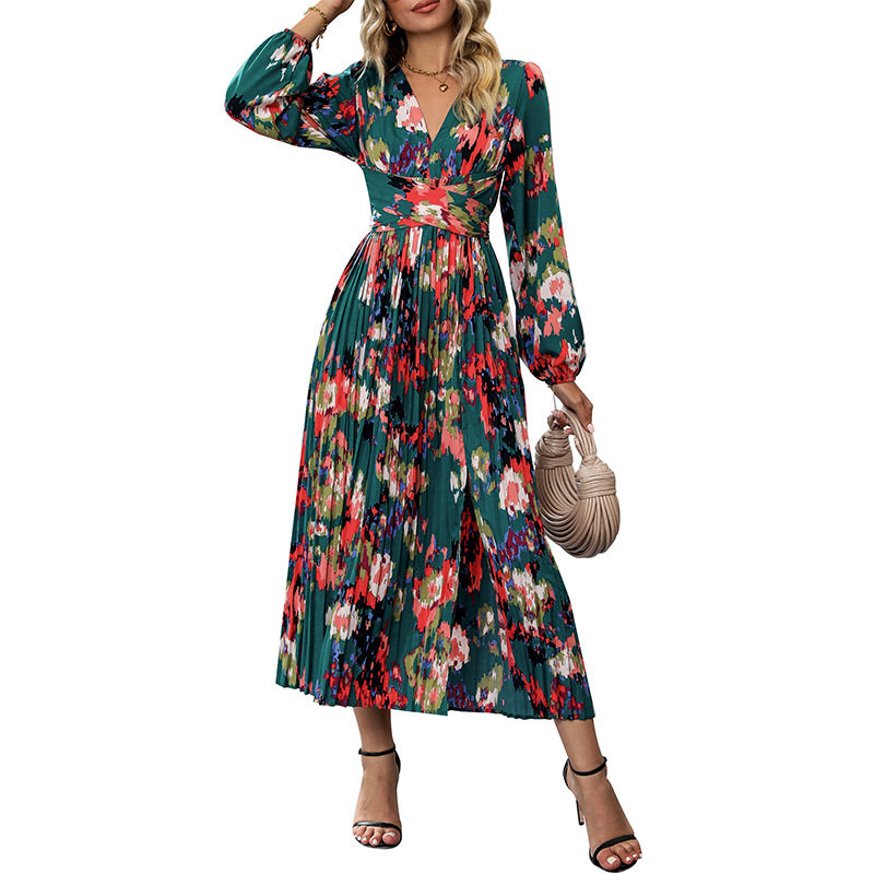 Floral Print Long Sleeve Dress Elegant Green Design Autumn Party Travel Wear Wholesale Available