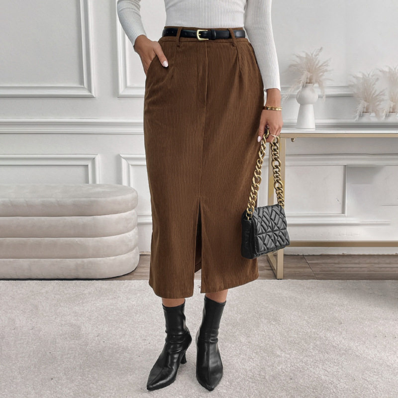 High Waisted Corduroy Midi Skirt Vintage Style Solid Color Split Design Autumn Winter Fashion Wholesale Available
