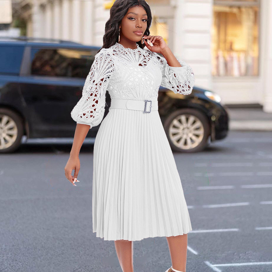 Plus Size Womens Lace Panel Pleated Hollow Out Dress Elegant Design Summer Style African Fashion Wholesale Available