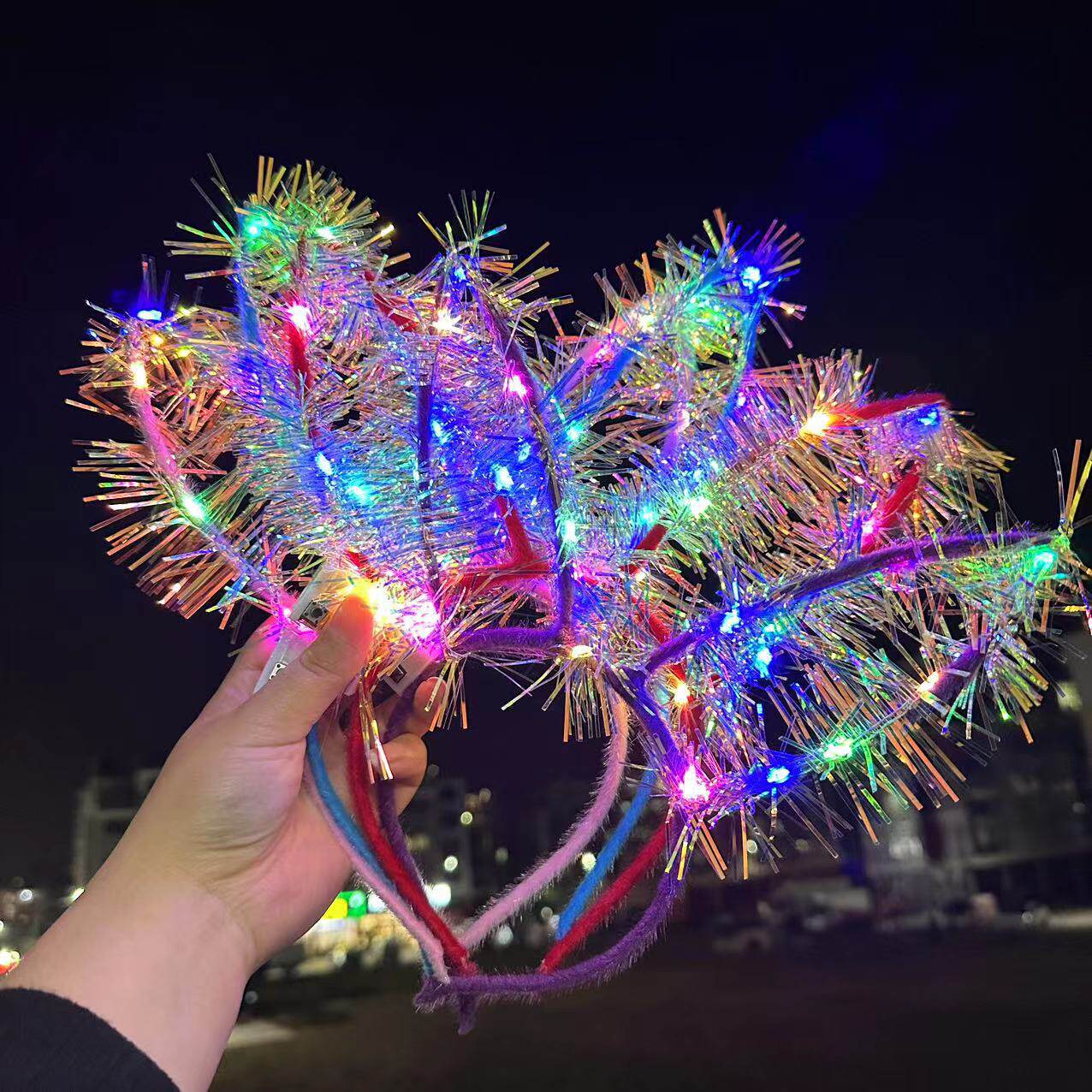 跨境热卖14灯毛毛兔耳朵发光发箍地推金丝羽毛猫耳朵发光头箍玩具