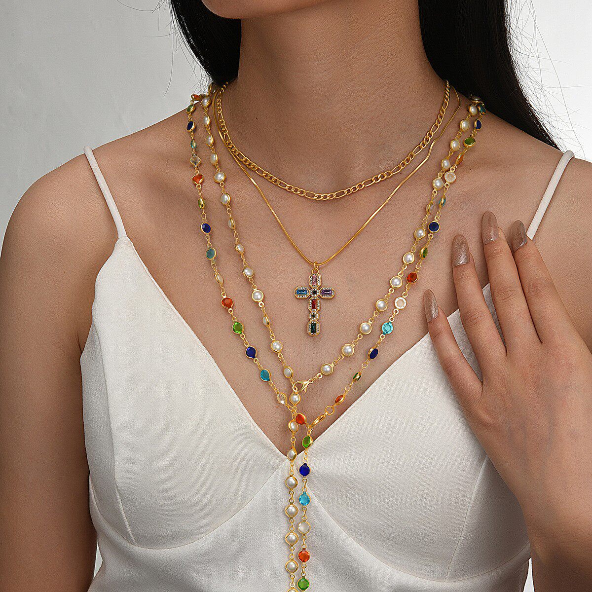 镶嵌彩钻爱心吊坠流苏项链四件套装百搭小众轻奢气质项饰叠戴锁骨