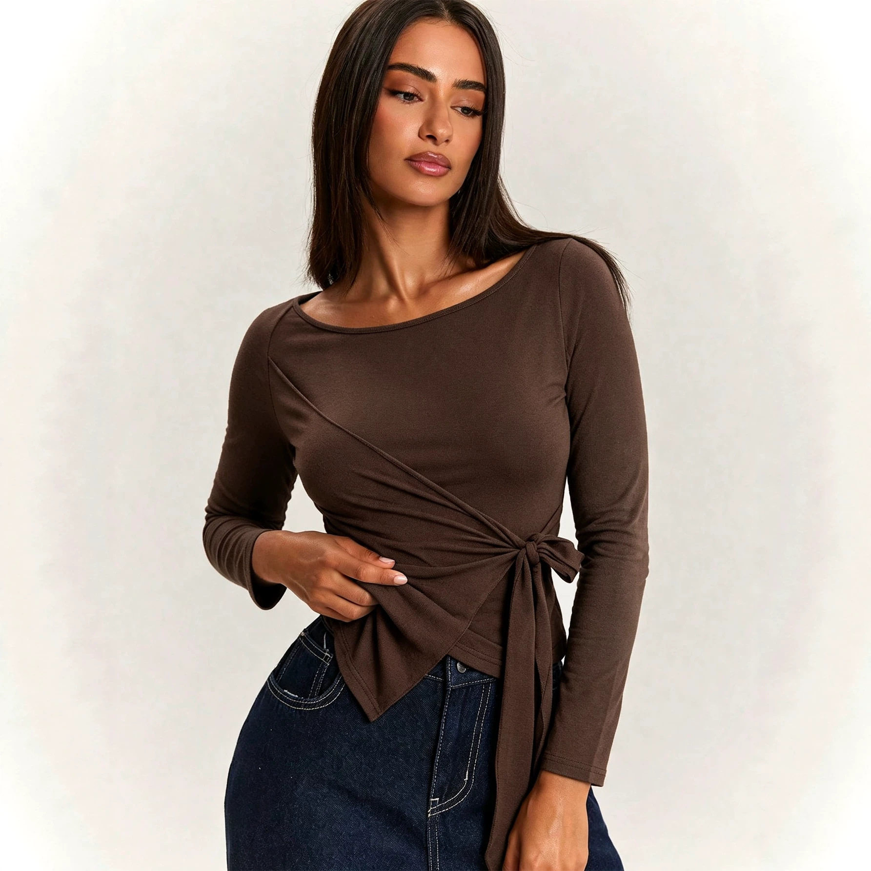 Vintage Off Shoulder Long Sleeve T Shirt Side Tie Waist Cinching Asymmetrical Hem Casual Wear Wholesale Available