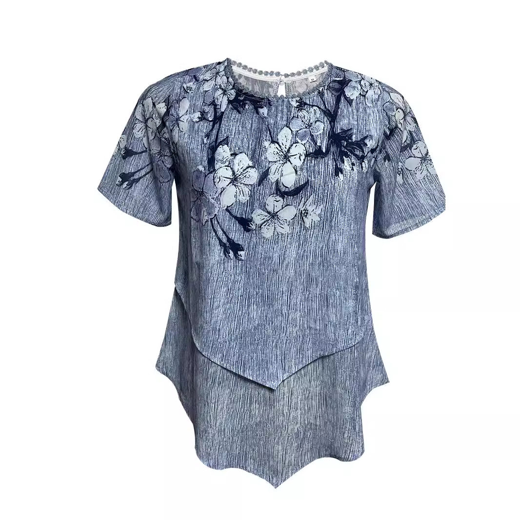 Floral Print Layered Short Sleeve Top Irregular Hem Round Neck Summer Style Wholesale Availability