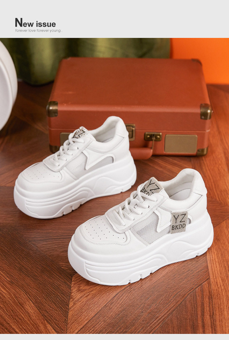 Giày sneaker nữ chunky đế dày lưới thoáng khí phong cách đường phố — Trắng, Trắng, đen chi tiết 12
