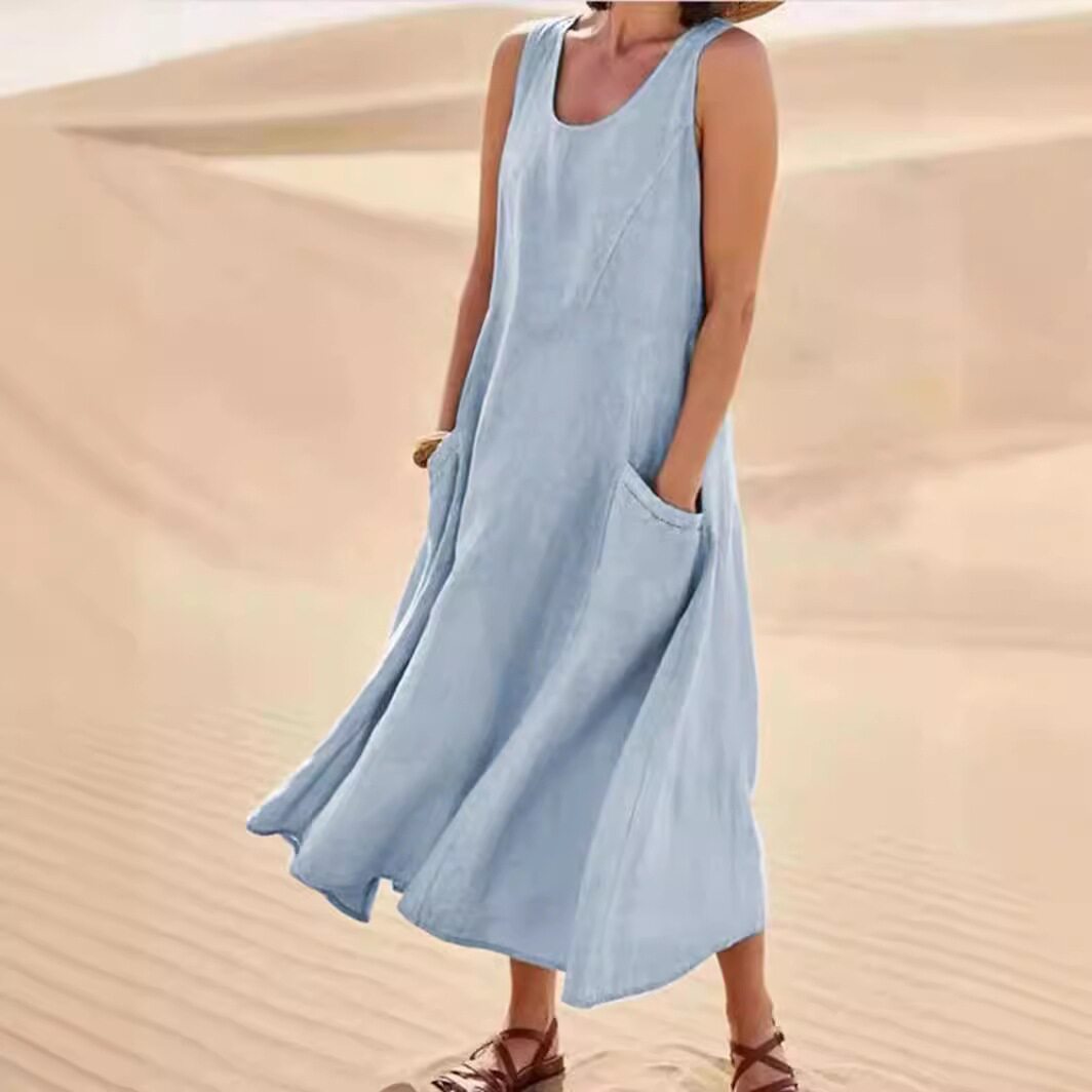 Summer Womens Cotton Linen Dress Sleeveless Round Neck Pocket Design Casual Wear for Everyday Use Wholesale