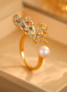 真金电镀蝴蝶淡水珍珠开口戒指时尚民族风设计感手指戒小众手饰女