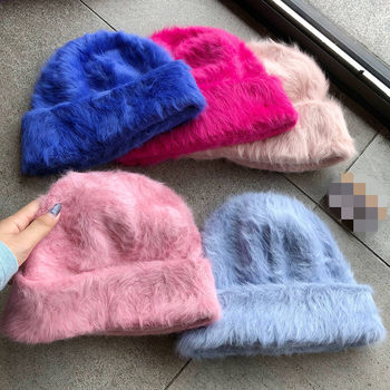 Plush Gentle Rabbit Fur Knitted Heap Hat Women's Baotou Ear Protection Knitted Hat Warm Cold Hat Casual Hat Winter