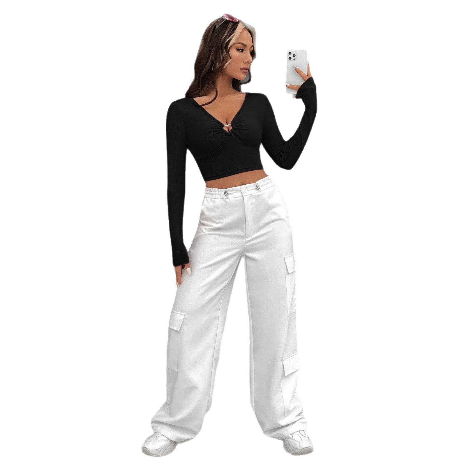 Black V Neck Hollow Out Long Sleeve T Shirt Slim Fit Waist Cinching Sexy Style Casual Wear for Women Wholesale