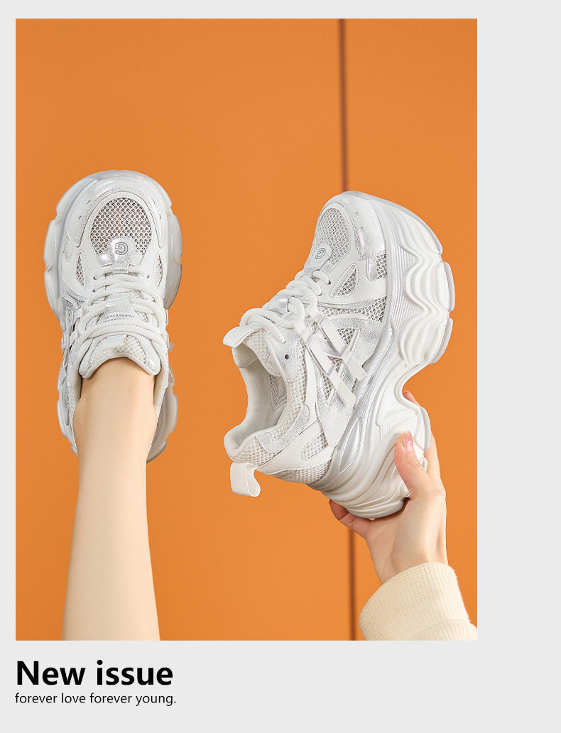 Giày sneaker nữ chunky đế dày lưới thoáng khí mùa hè — Trắng, Xám chi tiết 13