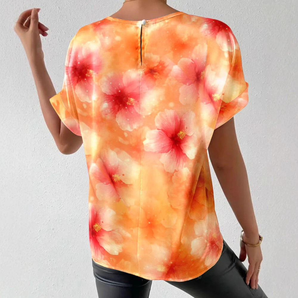 Tie Dye Floral Print Short Sleeve Top Round Neck Casual Style Fashionable Design Wholesale Available
