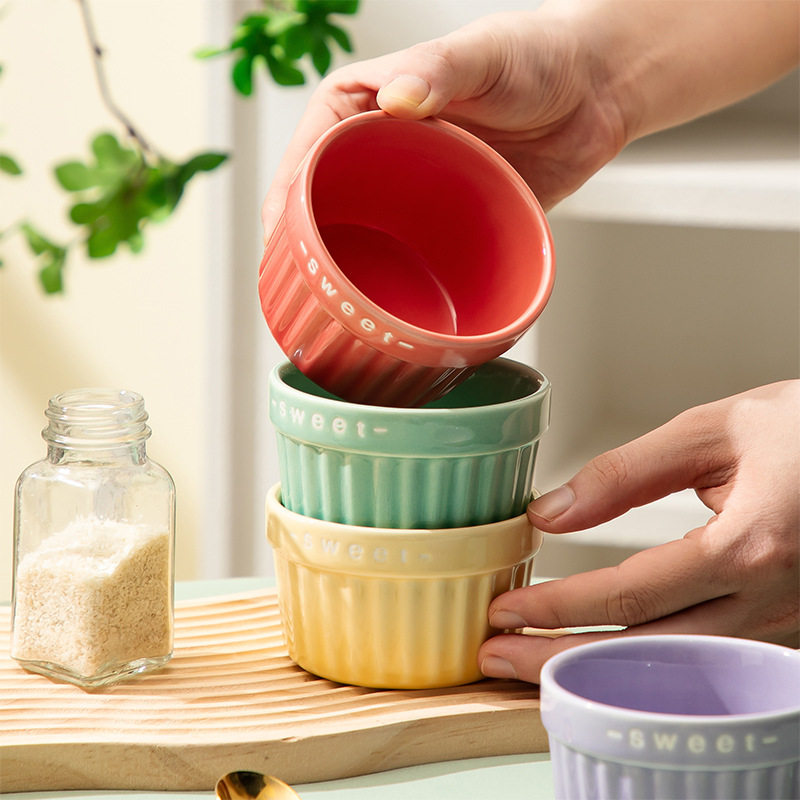 Household Ceramic Striped Cup Baking Cup Oven Soufflé Cake Cup Dessert Bowl Wicker Cup Baking Bowl Pudding Cup