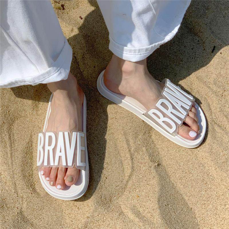 Internet Celebrity Ins Style Summer New Outer Wear Fashionable Hong Kong Style Letter Sandals Indoor Home Use Flats Bathroom Slippers