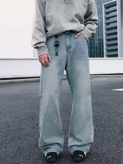 Distressed Washed American-Style Flared Jeans for Men, New Vintage Loose Long Pants, High Street Trendy Brand Bell-Bottom Pants