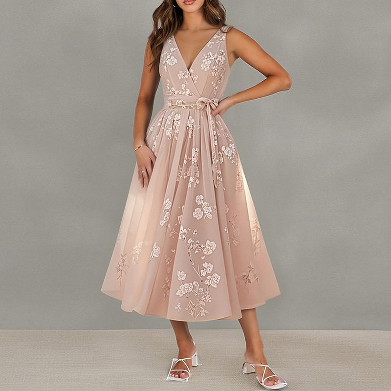 Elegant Floral Print Waist Tie Dress Spring Collection Womens Fashion Comfortable Fit Wholesale Available
