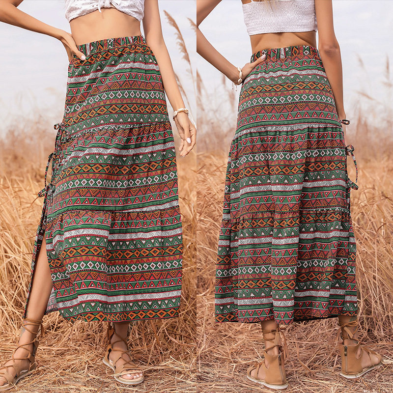 Bohemian Print Maxi Skirt High Waist A Line Side Slit Casual Summer Wear Wholesale Available