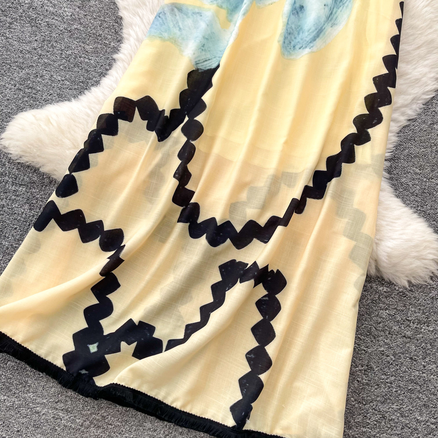 Yellow Floral Halter Maxi Dress for Women Summer Sexy Open Back Tassel Details Beachwear French Style Wholesale