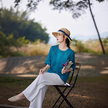 Chinese Style Retro Niche Unique Design Round Neck New Chinese Style Shirt Ramie Printed Loose Slimming Top for Women