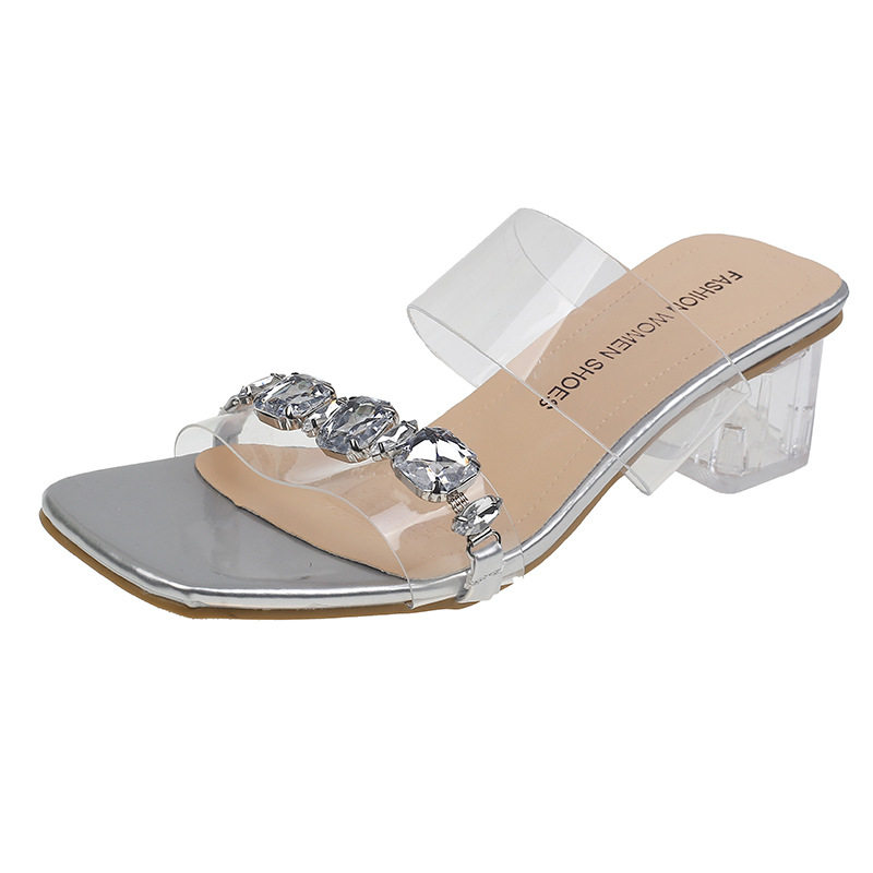 Fairy Style Rhinestone Slippers Women's Outwear Fashionable Summer High-end Transparent One-line Crystal Thick Heel High Heel Sandals