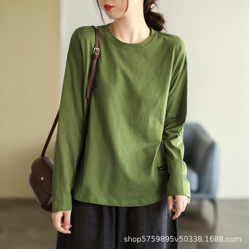 复古文艺纯色早秋打底衫女2025新款圆领百搭长袖t恤女士上衣