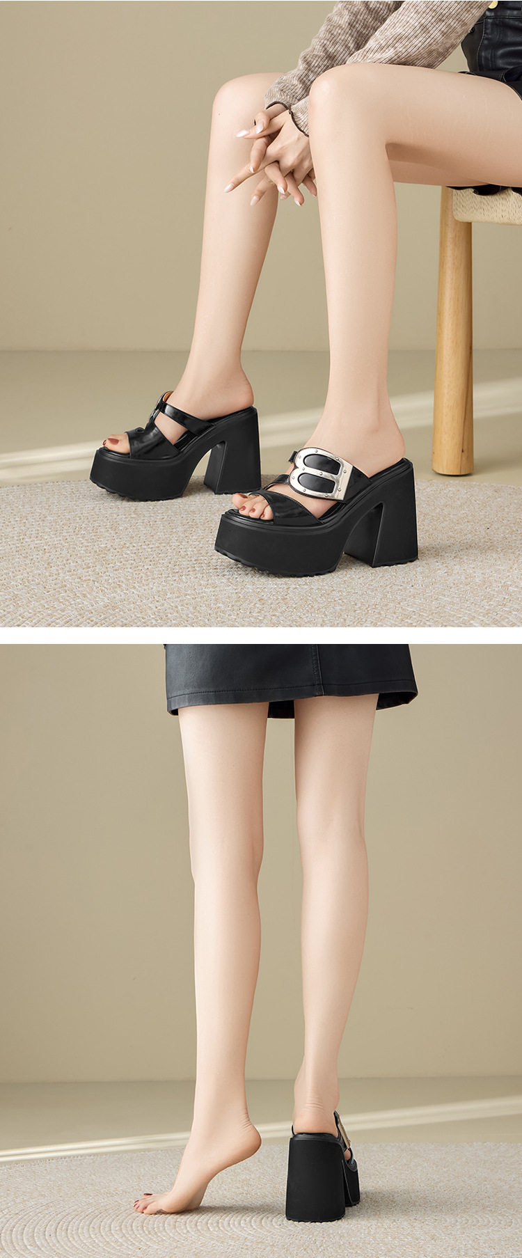 Dép sandal nữ quai chữ V da bò thật mũi hở đế bệt — Trắng bạc, Đen chi tiết 4