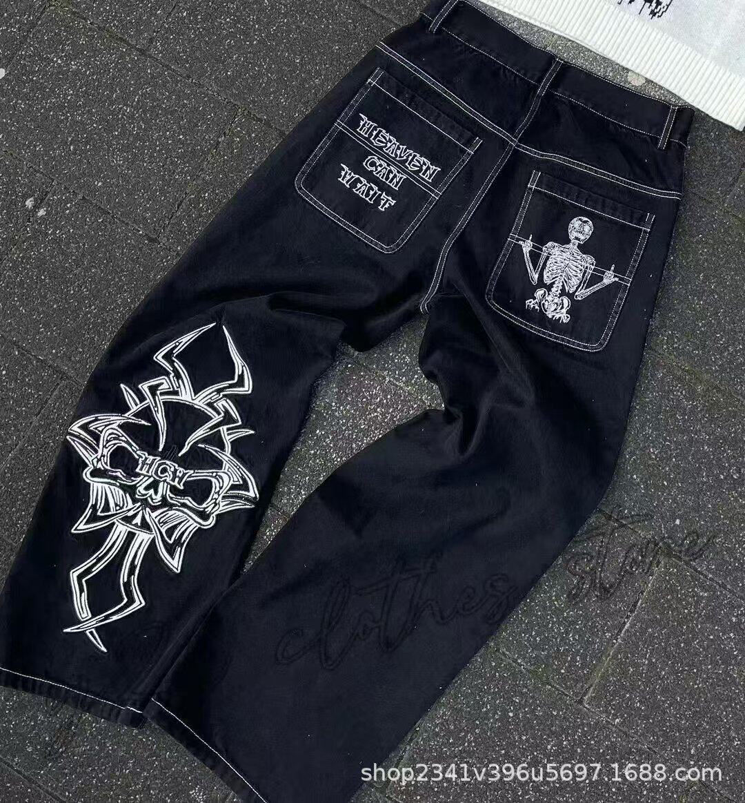 2024春秋季新款跨境美式潮牌复古水洗Y2K刺绣嘻哈图案男式牛仔裤