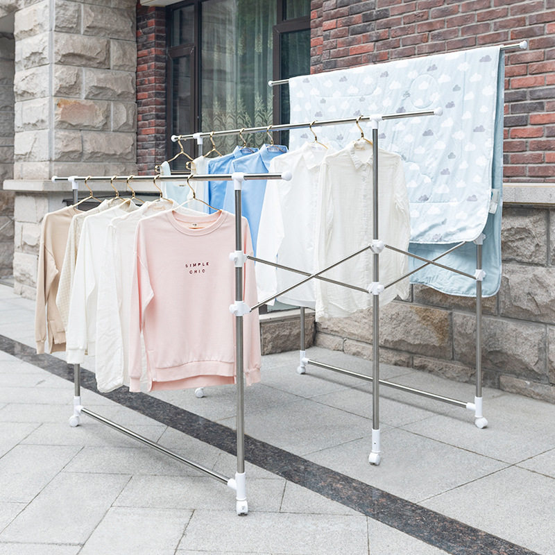 Floor-Standing Foldable Stainless Steel Balcony Clothes Drying Rack, Adjustable Height, Movable Clothes Rod, Foldable Clothes Drying Rack