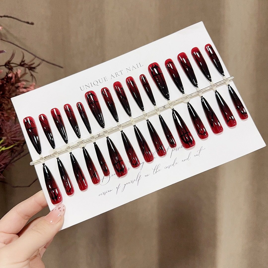 S379-Pre-Made Nail Polish Gothic Aesthetic Red and Black Gradient Wearable Nails Niche Mysterious Long Detachable Nails