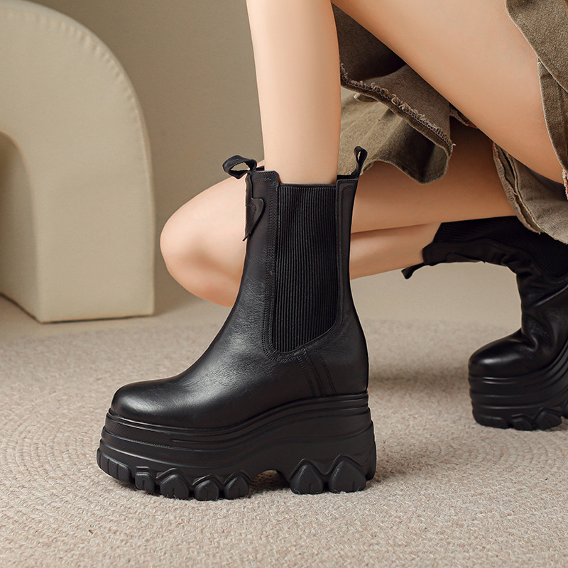 Boot Cổ Thấp Nữ Chất Liệu Da Bò Cao 12cm Tăng Chiều Cao Đế Xuồng Đế Cao Hàng Mùa Xuân Thu Đông