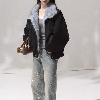 Oakmoo/ oak and hazelnut winter warm jacket women's fur collar thick short jacket lapel top