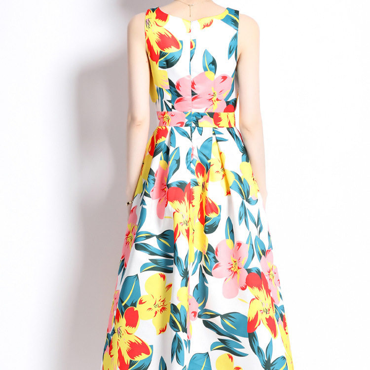 Vintage French Style Sleeveless A Line Dress Round Neck Waist Defining Floral Print Summer Casual Wear Wholesale