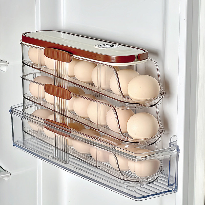 Creative Kitchen Timer Multi-Layer Egg Holder with Rolling Egg Slide for Refrigerator Side Door