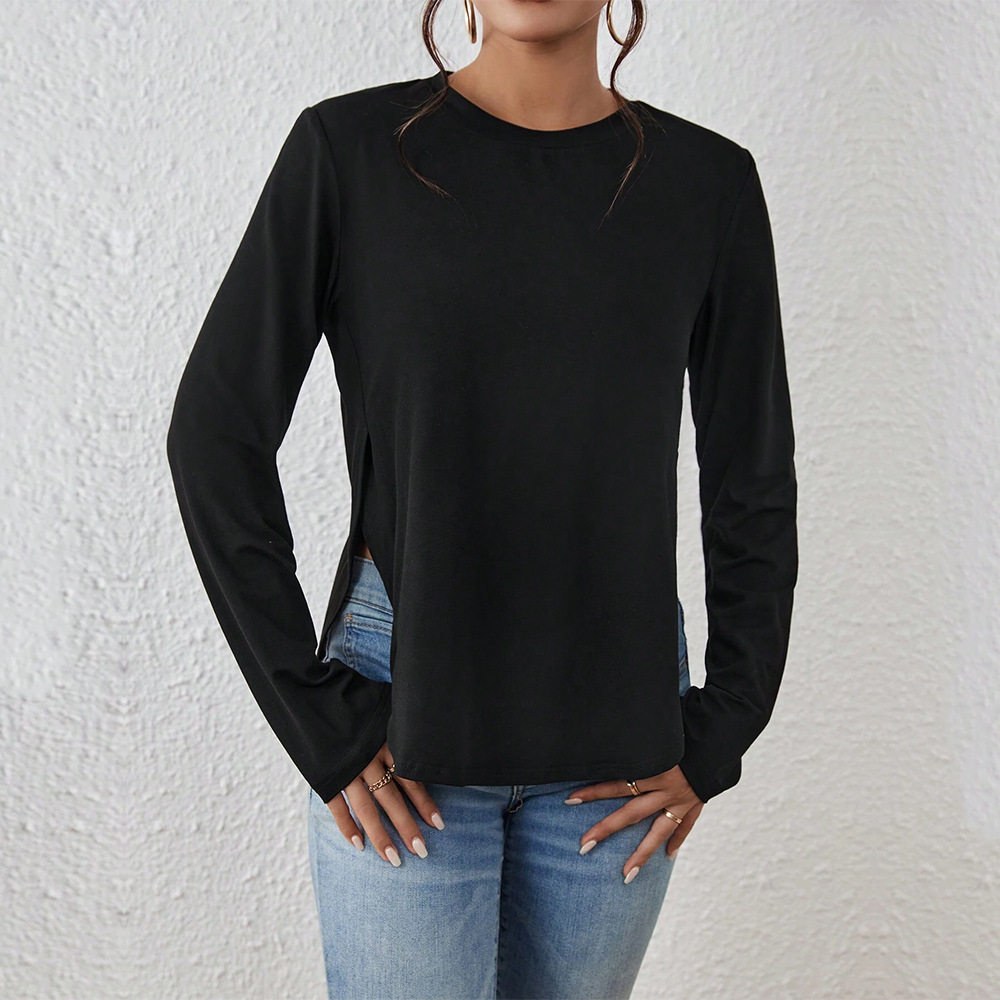 Womens Casual Loose Fit Long Sleeve T Shirt Round Neck Side Slit Versatile Style Autumn Winter Collection