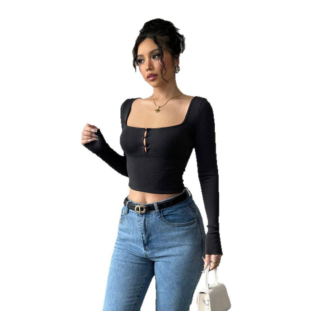 Long Sleeve Cropped T Shirt Sexy Slim Fit Square Neck Stretch Fabric Autumn Fashion for Women Wholesale Available