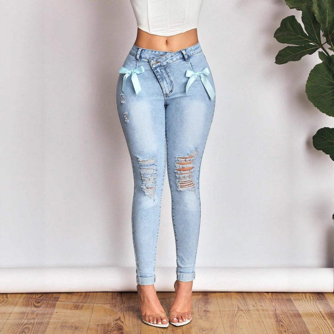 High Elasticity Womens Denim Pants Slim Fit Distressed Hem Bow Detail Casual Wear Ready to Ship
